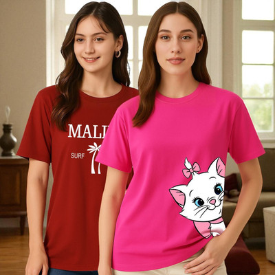 Elvia Printed Women Round Neck Maroon, Pink T-Shirt