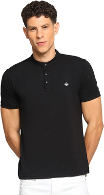 Cloak & Decker Solid Men Mandarin Collar Black T-Shirt