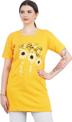 Adt Fashion Printed Women Round Neck Yellow T-Shirt