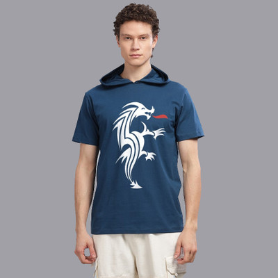 SolaceActive Graphic Print Men Hooded Neck Reversible Blue T-Shirt