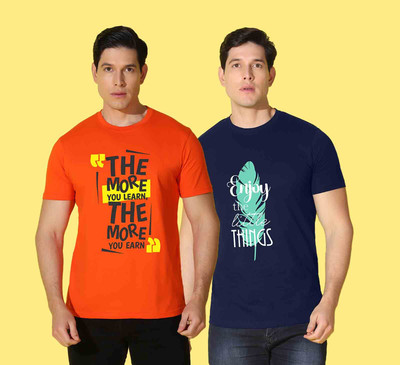 WOOSTRO Typography Men Round Neck Blue, Orange T-Shirt