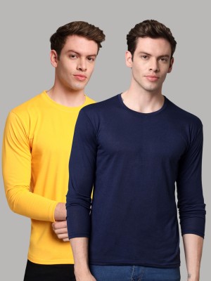 InkTees Solid Men Round Neck Yellow, Navy Blue T-Shirt