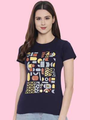 Fabflee Printed Women Round Neck Navy Blue T-Shirt