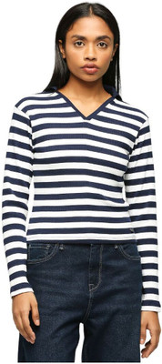 Pepe Jeans Striped Women V Neck Blue, White T-Shirt