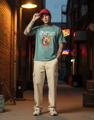 House of EX Printed Men Crew Neck Light Green T-Shirt