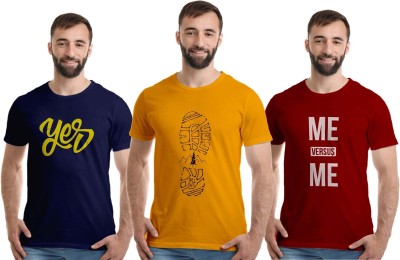 Boodbuck Printed Men Round Neck Dark Blue, Maroon, Yellow T-Shirt