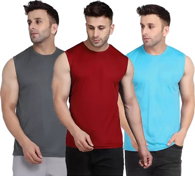 Renowned Solid Men Round Neck Grey, Maroon, Light Blue T-Shirt