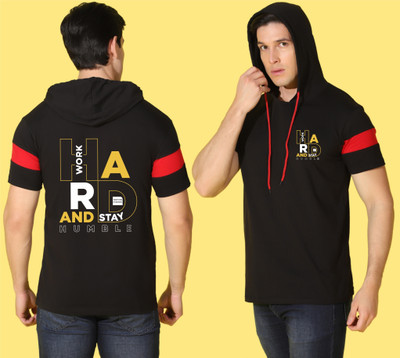 WOOSTRO Printed Men Hooded Neck Black T-Shirt