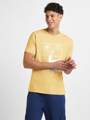 NOBERO Graphic Print Men Crew Neck Yellow T-Shirt