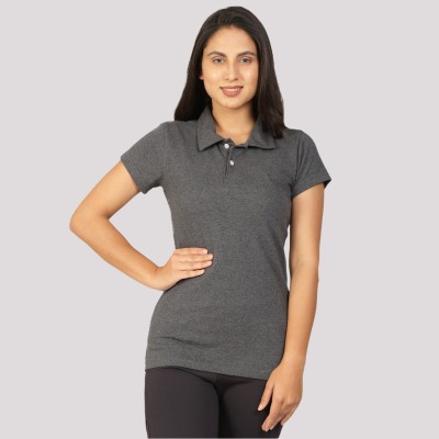 Besimple Solid Women Polo Neck Grey T-Shirt