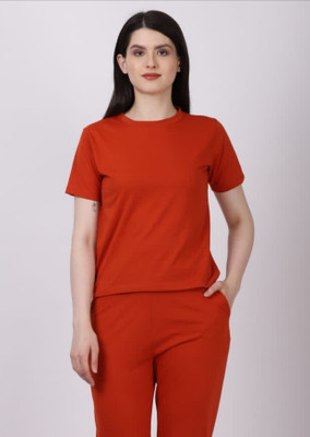 CANIDAE Solid Women Round Neck Orange T-Shirt
