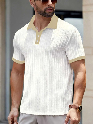 Krishna Designing Striped Men Polo Neck White T-Shirt