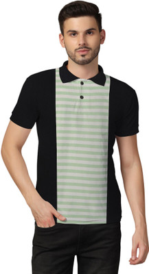 Lawful Casual Striped Men Polo Neck Green T-Shirt