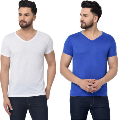 Adorbs Trend Solid Men V Neck White, Blue T-Shirt