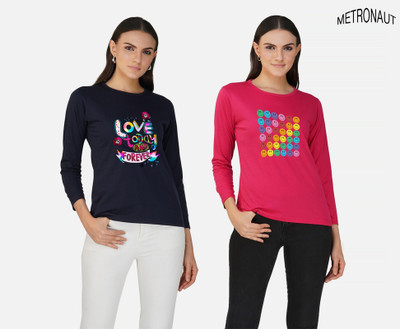 METRONAUT Printed Women Round Neck Navy Blue, Pink T-Shirt