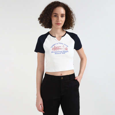 TOMMY HILFIGER Printed, Colorblock Women Round Neck Blue T-Shirt