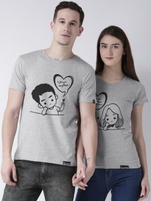 DUO COUPLE Printed Men Round Neck Grey T-Shirt