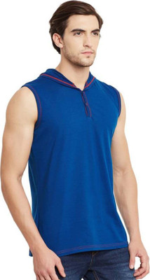GEUM Solid Men V Neck Blue T-Shirt