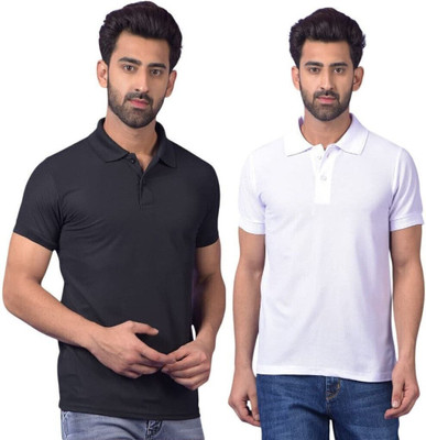 ROYAL YOUTH Solid Men Polo Neck Black, White T-Shirt