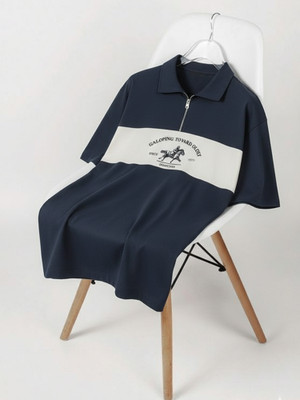 Jump Cuts Printed Men Polo Neck Dark Blue, White T-Shirt