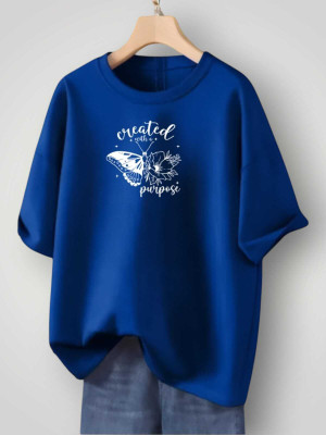 Fluffy Enterprises Printed Women Round Neck Blue T-Shirt