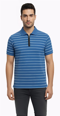 Enigmatic Striped Men Zip Neck Blue T-Shirt