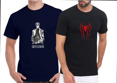 KNETLY Printed Men Round Neck Black, Navy Blue T-Shirt