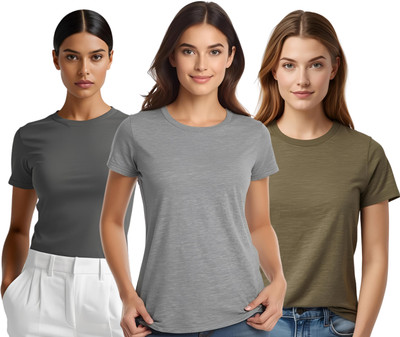 SHARXTRENDS Solid Women Round Neck Green, Grey, Silver T-Shirt