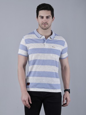 HouseOfCommon Striped Men Polo Neck Light Blue, White T-Shirt