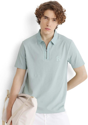 RARE RABBIT Solid Men Polo Neck Blue T-Shirt