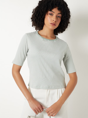 MAX Striped Women Round Neck Green T-Shirt
