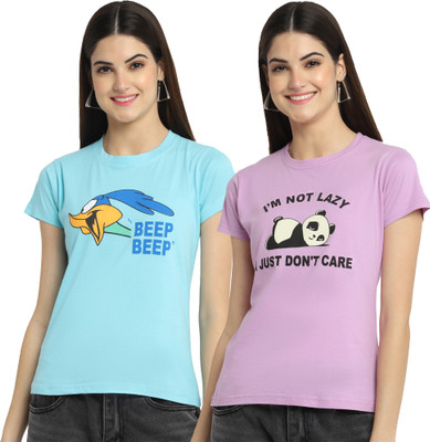 Fabflee Printed Women Round Neck Multicolor T-Shirt