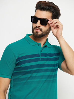 RENUOVO Striped Men Polo Neck Green T-Shirt