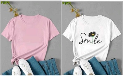 Datalact Solid Women Round Neck Pink, White T-Shirt