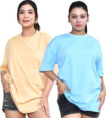 altius Solid Women Round Neck Beige, Light Blue T-Shirt