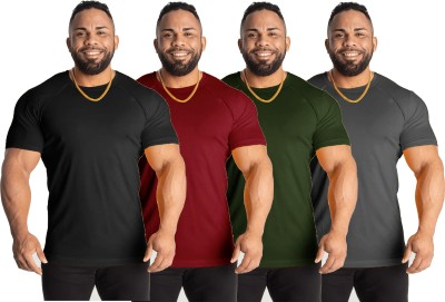 UDI n ADI Solid Men Round Neck Dark Green, Maroon, Black, Grey T-Shirt