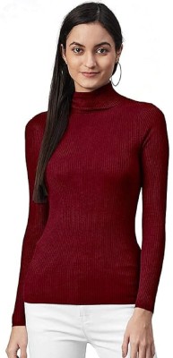 SIBBU Solid Women High Neck Maroon T-Shirt