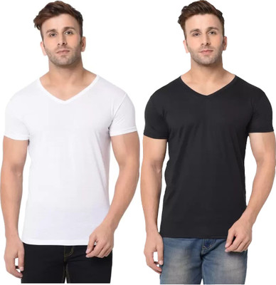 RLP Solid Men V Neck White, Black T-Shirt