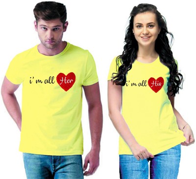 HouseOfCommon Printed Couple Round Neck Yellow T-Shirt