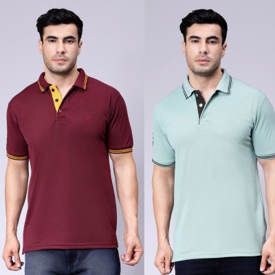 We Perfect Solid Men Polo Neck Maroon, Green T-Shirt