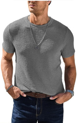 BOOM BAAM Solid Men Round Neck Grey T-Shirt