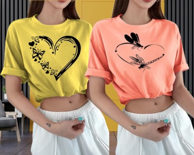 Parona Printed Women Round Neck Yellow, Pink T-Shirt