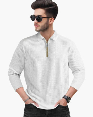 TOIX Self Design Men Polo Neck White T-Shirt