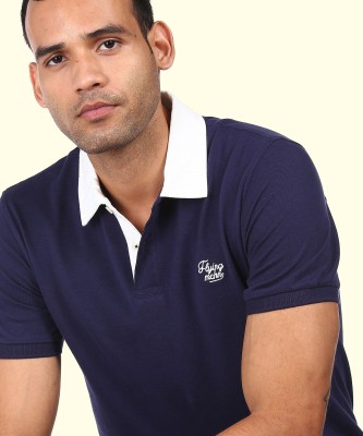 FLYING MACHINE Solid Men Polo Neck Navy Blue T-Shirt