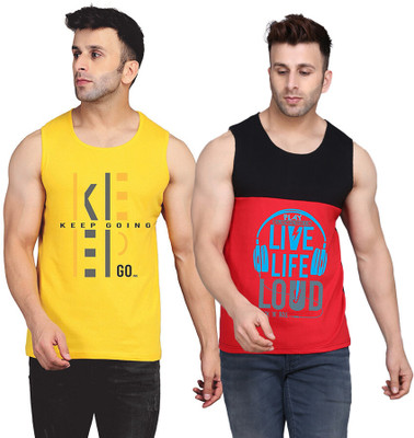 SLOWLORIS Printed Men Round Neck Black, Red, Yellow T-Shirt