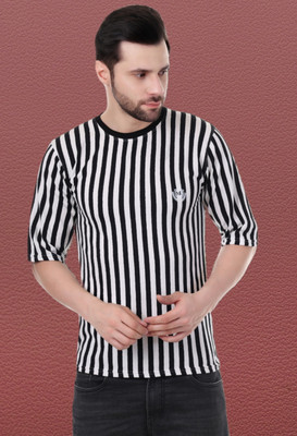 Marc Laurent Striped Men Round Neck Black T-Shirt