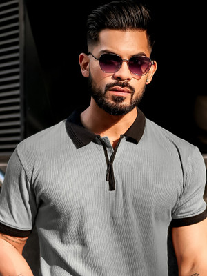 MANIAC Solid Men Polo Neck Grey T-Shirt