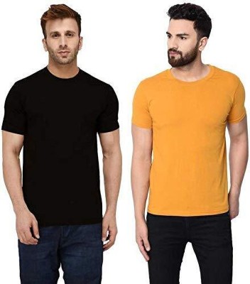 HELLO AARU Solid Men Round Neck Black, Yellow T-Shirt