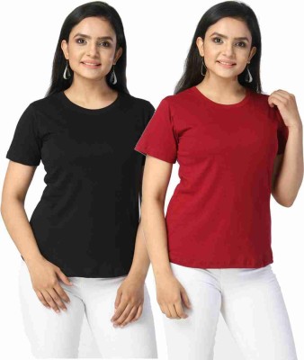 wildborn Solid Women Round Neck Black, Maroon T-Shirt