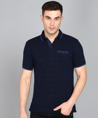 Louis Philippe Sport Striped Men Polo Neck Blue T-Shirt